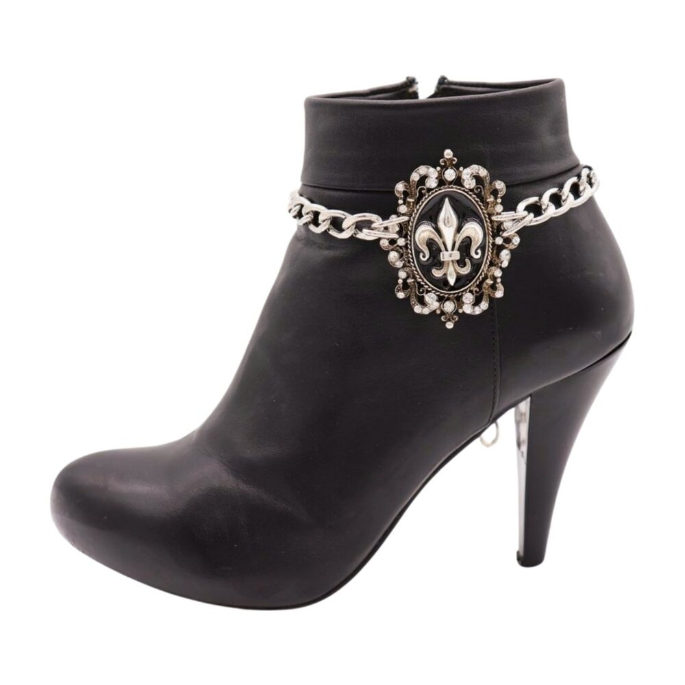 NEW Women 2PCS Silver Metal Boot Chain Shoe Anklet Bling Fleur De Lis Charm PAIR - Picture 5 of 17